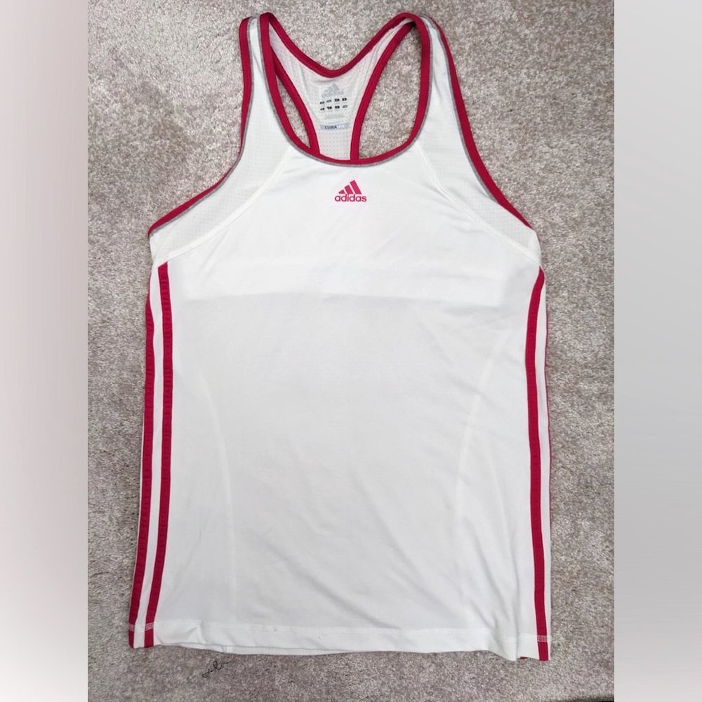 Adidas Racerback Workout Tanktop with Shelf Bra, White w/ Bright Pink Trim LARGE